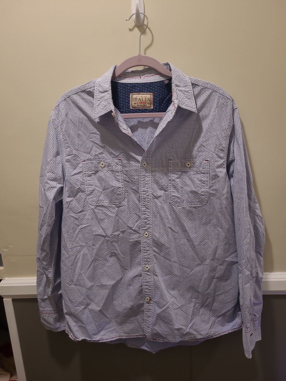 Vintage Italia Shirt Mens Large Blue White Check Floral Inlay Flip Cuffs Classic